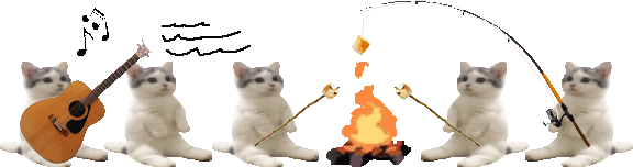 silly cats around a campfire